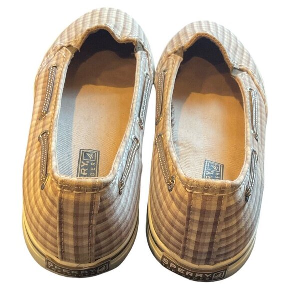 Sperry Top Sider Slip Ons Plaid Peach Brown & Cream Shoes size 9M - Picture 3 of 8
